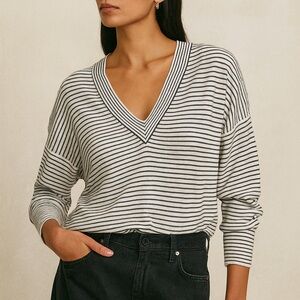 ATM silk wool cashmere blend black and white striped v neck sweater
